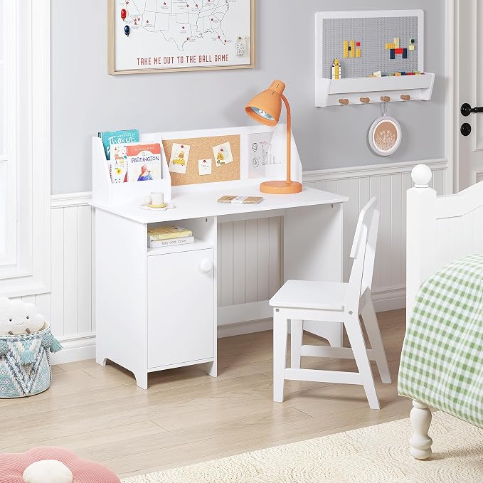 UTEX Wooden Kids Desk and Chair Set with Hutch and Storage for Ages 3-8 | Kids Study Table with Cork Bulletin Board, School Desk, Multi-Zone Storage, Water-based Paint Finish for Kids Room