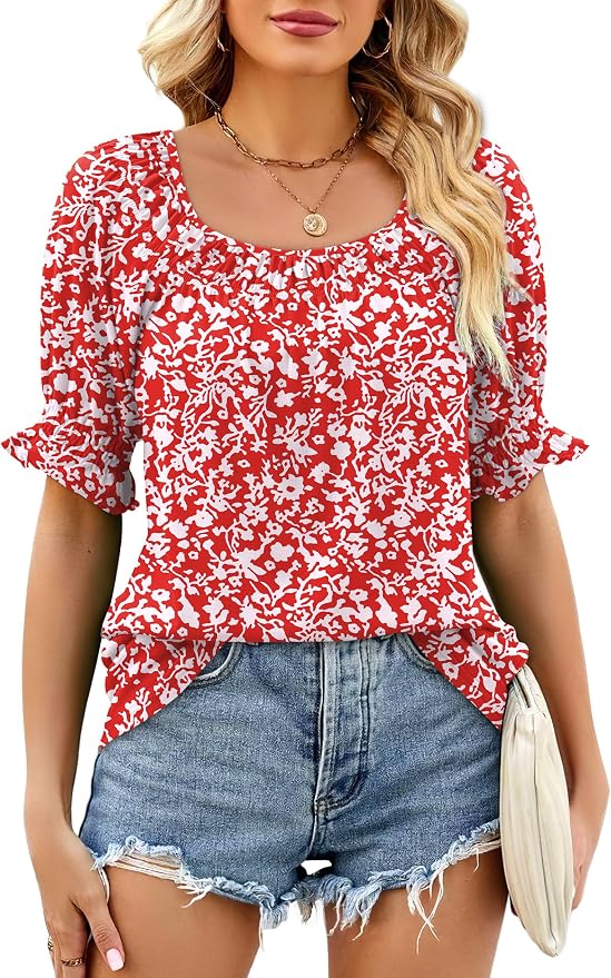 WIHOLL Womens Short Sleeve Square Neck Summer Tops Dressy Casual Blouses Trendy Clothes 2026