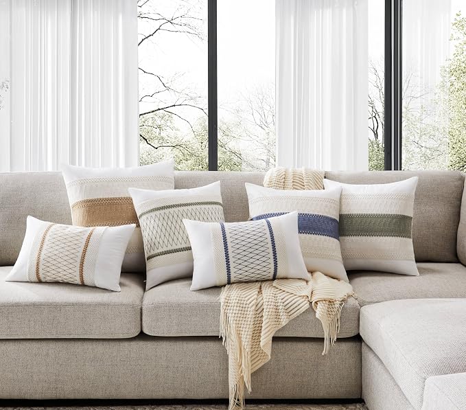 2pk Boho Pillow Covers 22x22, Natural White/Contrast/Brown | 100% Organic Cotton Body, Stripe Embroidery, Farmhouse Decorative Cushion Covers for Sofa Bed Living Room Home Decor