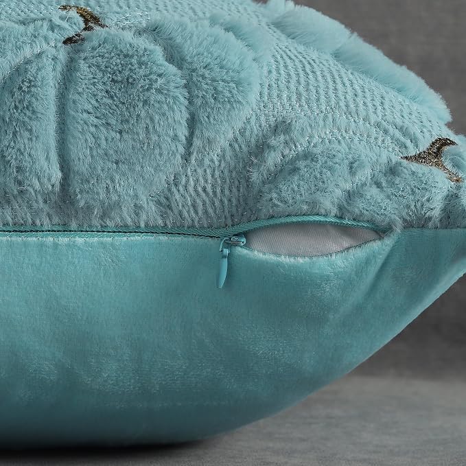 Fall Pumpkins Decorative Pillow Covers 18x18 Set of 2, Light Blue Soft Plush Faux Fur Wool Farmhouse Throw Cushion Cases for Autumn Thanksgiving Holiday Home Decorations