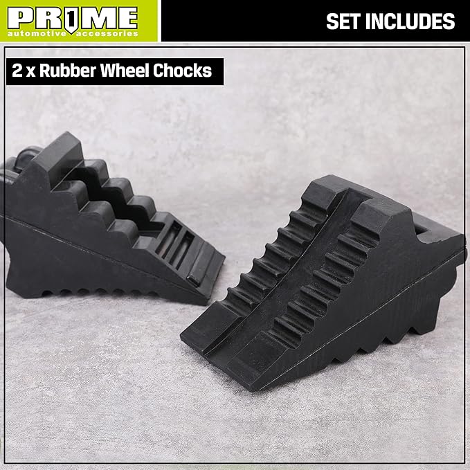 Prime 1 PR1ME Heavy Duty Rubber Wheel Chocks, Rubber Tire Blocks, RV Solid Rubber Wheel Wedge Blocks, 2 Pack Black 8.6" x 3.7" x 4.7", Carrying Handle, for Travel Trailer, Camper, RV, Truck