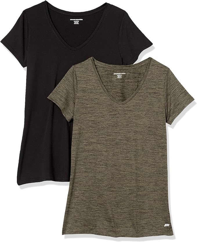 Amazon Essentials Women's Active Quick Dry Tech Stretch Short-Sleeve V-Neck T-Shirt (Available in Plus Size), Pack of 2
