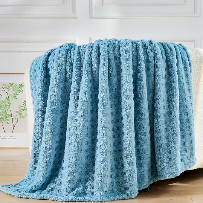 NEWCOSPLAY 3D Waffle Checkered Flannel Queen Blanket, Blue, 90"x90" | Super Soft Cute Lightweight Decorative Premium Silky Fleece Blanket for Couch Sofa Bed, Gift for Women Men, All Season Use