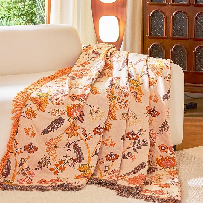 VANJOROY Boho Throw Blanket, 100% Organic Cotton Breathable Ultra Soft 91" x 108" King Bed Quilt Throw - All Season Floral Rustic Farmhouse Decor Luxury Blanket for Sofa Couch Chair and Gift