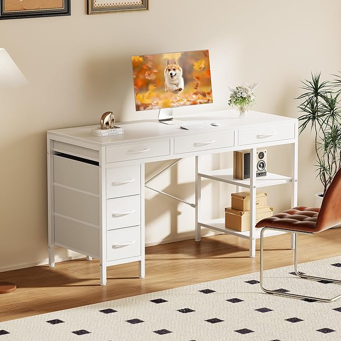 Sweetcrispy 55" Computer Desk with 6 Fabric Drawers & Storage Shelves | Reversible Gaming Desk, Office Desk, Computer Workstation, Corner Desk with Storag, Home Office, Living Room, White