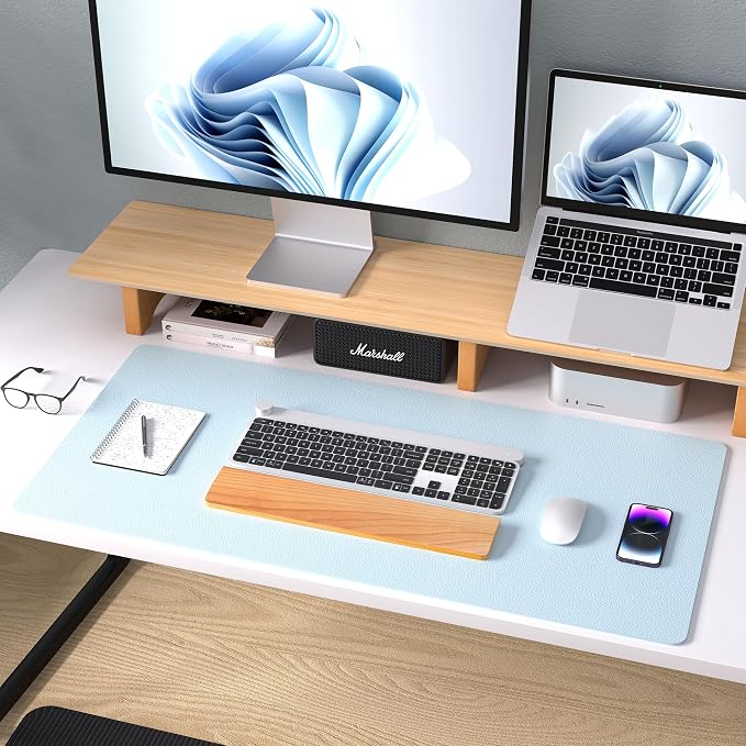 Aothia Leather Desk Pad Protector, Mouse Pad, Office Desk Mat, Non-Slip PU Leather Desk Blotter, Laptop Desk Pad, Waterproof Desk Writing Pad for Office and Home (23.6" x 13.7", Baby Blue)