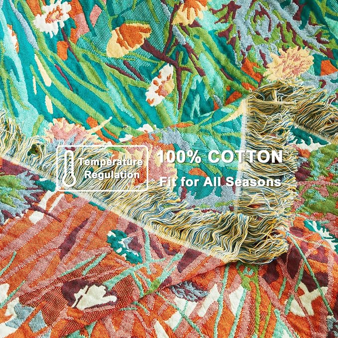 LUTBM Boho Throw Blanket for Couch 50"x60", Cotton Decorative Bed Throw | Reversible Florals Embroidery, All-Season Lightweight Breathable Blankets, For Chair Sofa Living Room Bedroom