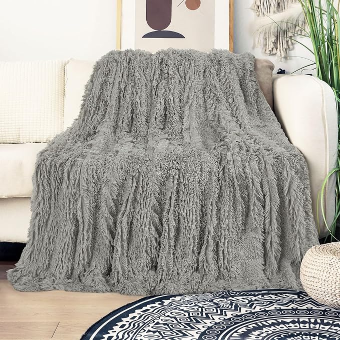 Decorative Extra Soft Fuzzy Faux Fur Throw Blanket 50" x 60",Solid Reversible Long Hair Shaggy Blanket,Fluffy Cozy Plush Comfy Microfiber Fleece Blankets for Couch Sofa Bedroom,Quiet Grey