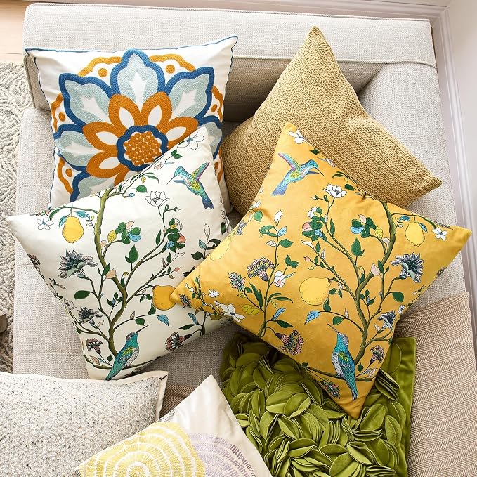 MUSSEL Mustard Yellow Floral Decorative Pillow Covers 18x18 Set of 2 | Soft Velvet,Wild Flower Plant,Throw Pillows Case,Square,Colorful Farmhouse Cushion Covers,Home Sofa Bed Couch Decor
