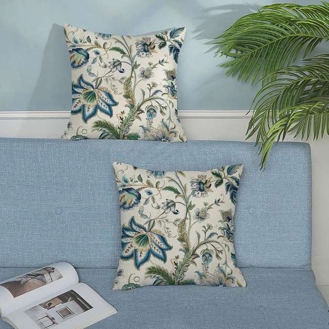 Blue Green Pillow Covers 22x22 Set of 2 Sage Green Chinoiserie Floral Throw Pillows Boho Vintage Flowers Decorative Pillowcase Outdoor Chinoiserie Decor Farmhouse Cushion Case for Couch Sofa