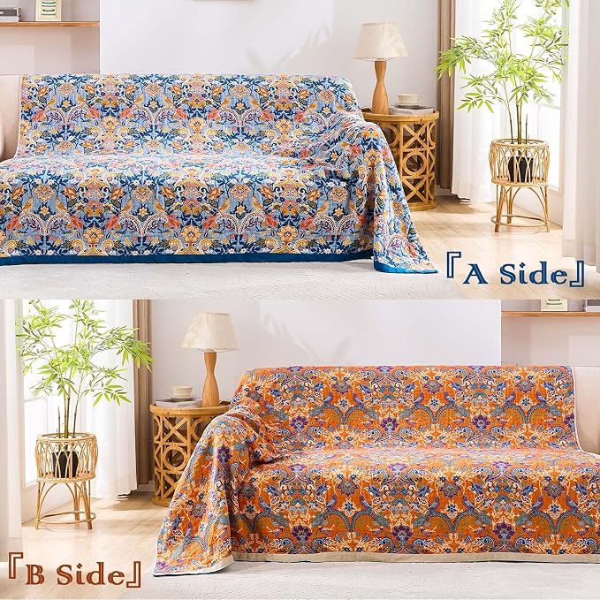 XIBLC Boho Throw Blanket for Bed, 100% Cotton Soft Rustic Quilt Fall Blanket, 50"x60" Floral Printed Farmhouse Decor Bed Blankets, All Season Rustic Reversible Bohemian Throw Quilt