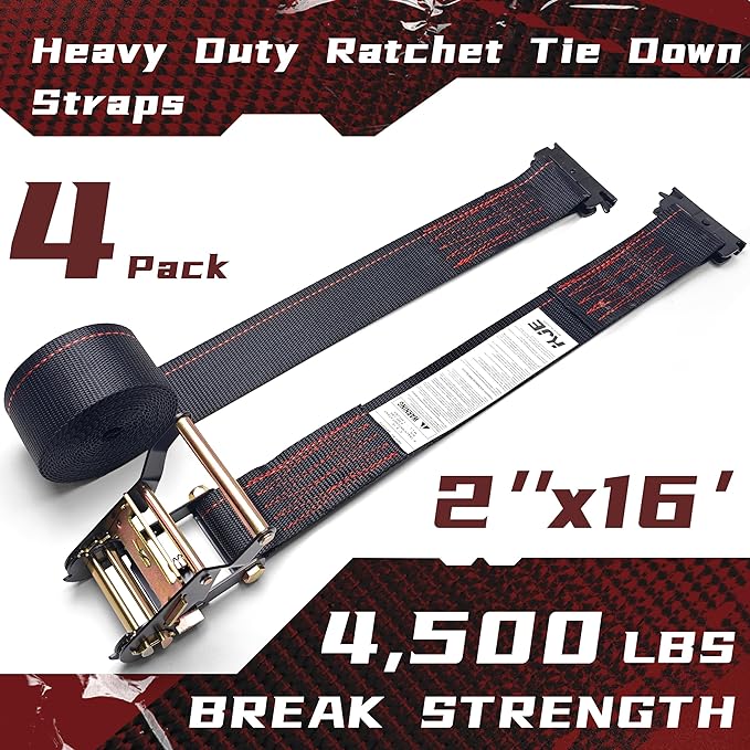 KJE E-Track Ratchet Straps, 4 Pack Black 2" x16' Heavy Duty Cargo Tie-Downs, 4500LBS Breaking Strength, Standard E Track Fitting Tie Down Ratcheting Strap for Cargo Vans, Trucks, Trailers