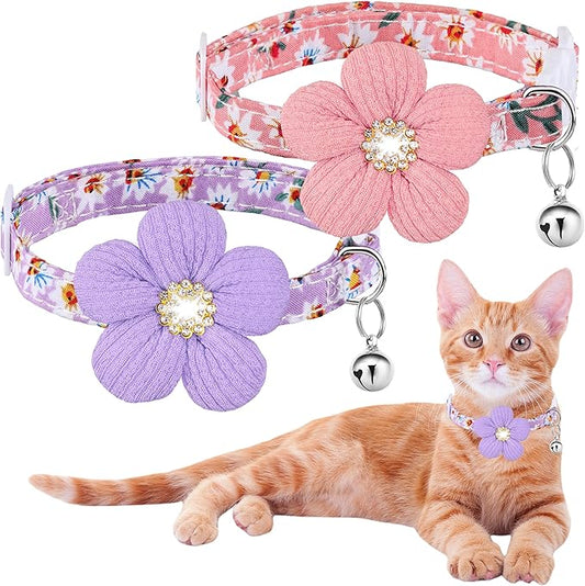 Cat Collar, HYQHYX Breakaway Kitten Collar with Flower,Rhinestone Kitty Collar with Bell, Floral Pet Collar with Safety Buckle for Cats and Puppy Dog (Pink + Purple)