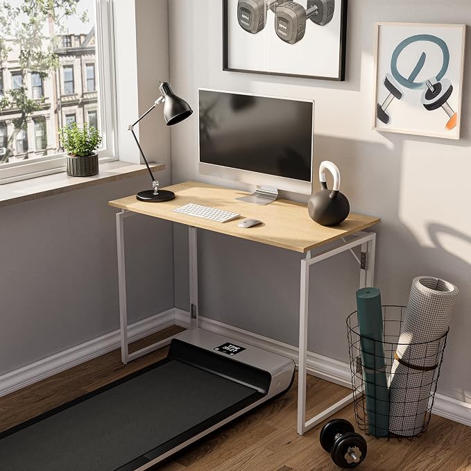 alawooder 39.4" Folding Desk: No Assembly, Wood Top for Small Spaces | 39.4 in dual-monitor workspace, holds 150 lbs, folds flat to 2.3 in, splash-proof top, home office or gaming
