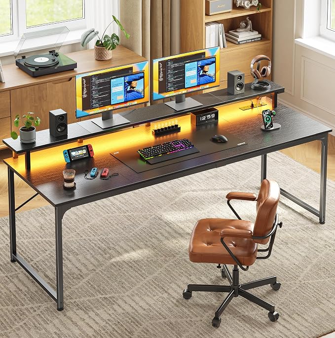 PRAISUN 63 inch Gaming Desk, LED & Power Outlets, Monitor Stand, Black | Sturdy PC Desk for Home Office, Study & Work, LED Lights, 4 AC Outlets & USB-C Charging Station