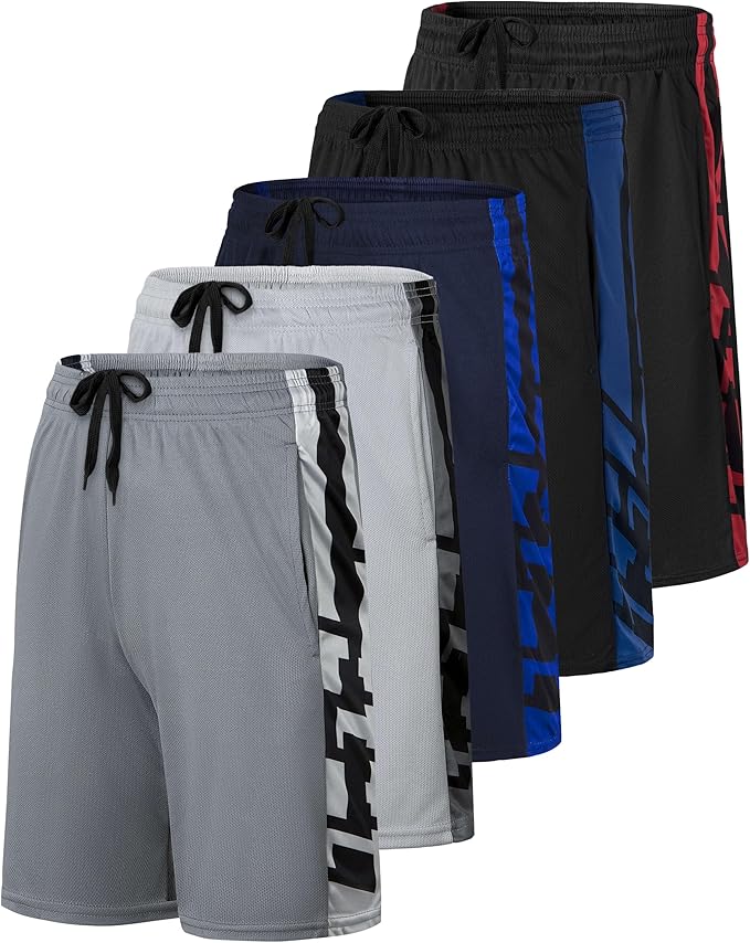 5 Pack Men's Mesh Shorts Athletic Basketball Sports Gym Workout Pockets | Cooling Moisture-Wicking, 9", Long, Quick-Dry, Breathable, Elastic Drawstring Waistband. Running, Exercise, Soccer, Training.