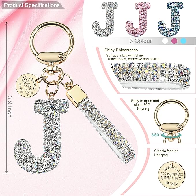 Pink Blue White Initial Letter Keychain Gift for Women Girls Bling Sparkly Cute Backpack Car Key Accessories Lanyard