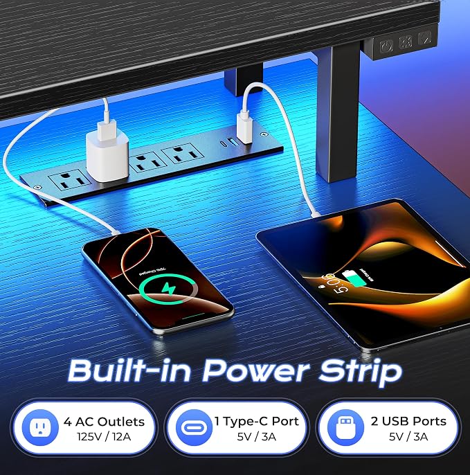 PRAISUN 55 inch Gaming Desk, LED & Power Outlets, Monitor Stand, Black | Sturdy PC Desk for Home Office, Study & Work, LED Lights, 4 AC Outlets & USB-C Charging Station