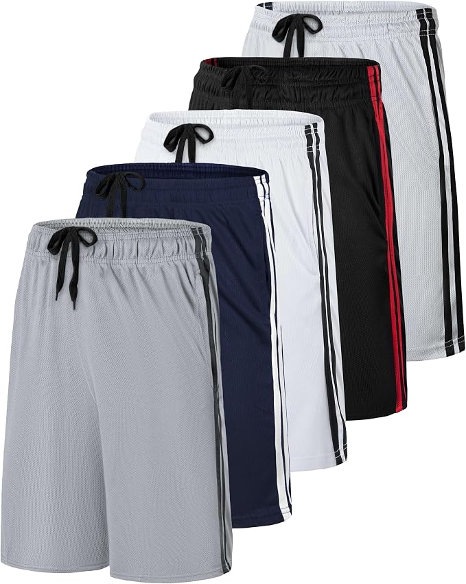 5 Pack Men's Mesh Shorts Athletic Basketball Sports Gym Workout Pockets | Cooling Moisture-Wicking, 9", Long, Quick-Dry, Breathable, Elastic Drawstring Waistband. Running, Exercise, Soccer, Training.