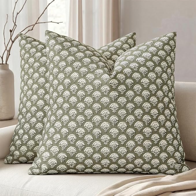 MIULEE Floral Print Decorative Pillow Covers 20x20, Sage Green | Vintage Boho Farmhouse Modern Home Decor, Set of 2, Block Print Cushion Covers for Couch Sofa Bed Living Room