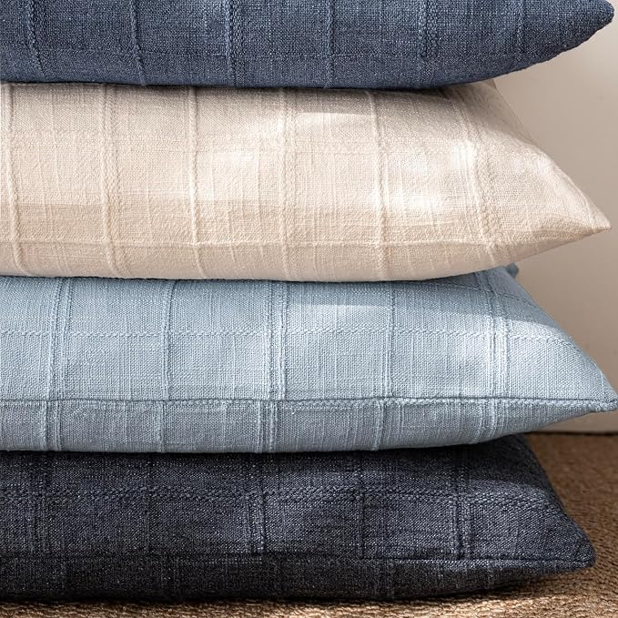Foindtower Set of 2 Decorative Linen Check Throw Pillow Covers Neutral Farmhouse Vintage Cushion Covers Cozy Modern Boho Accent Home Decor for Sofa Chair Couch Bedroom Living Room,14×36 Inch,Sky Blue