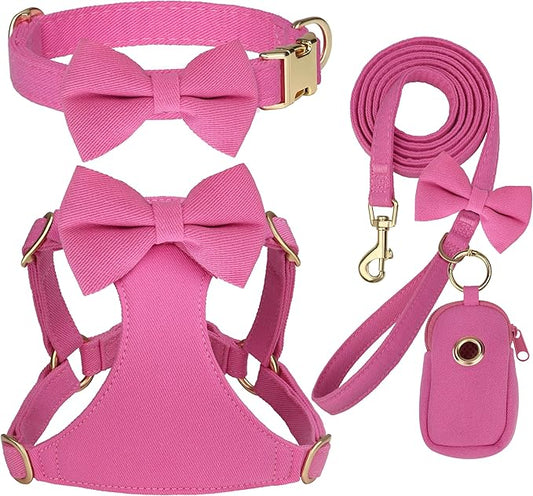 Beirui Adorable Small Dog Harness Collar and Leash Set,Cute XXS Puppy Harness Set with 3 Bows for Tiny Dogs,Chihuahua,Adjustable Step-in Vest for Daily Walking,Parties&Holiday Outfits(Hot Pink,XXS)