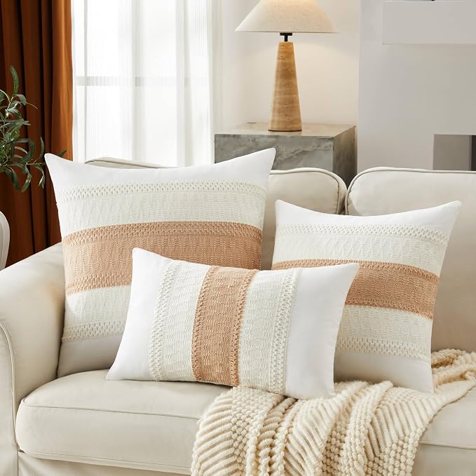 2pk Boho Pillow Covers 22x22, Natural White/Contrast/Beige | 100% Organic Cotton Body, Stripe Embroidery, Farmhouse Decorative Cushion Covers for Sofa Bed Living Room Home Decor