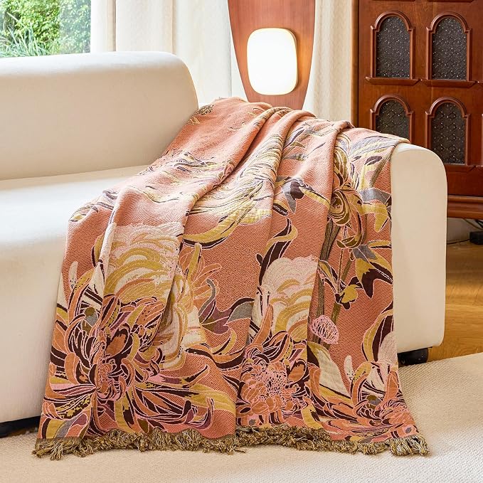 VANJOROY Boho Throw Blanket 60" x 80", 100% Organic Cotton Breathable Skin-Friendly Ultra Soft Bed Quilt Throw - Floral Rustic Decor Luxury Reversible Blanket for Sofa Couch Chair and Gift,