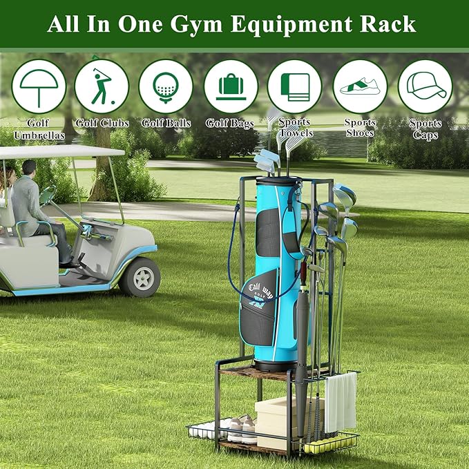 GILLAS Golf Bag Storage Garage Organizer, Golf Bag Stand Fit for 2 Golf Bags, Golf Equipment Accessories, Golf Bag Storage Rack with Wheels for Garage, Club, Shed, Basement