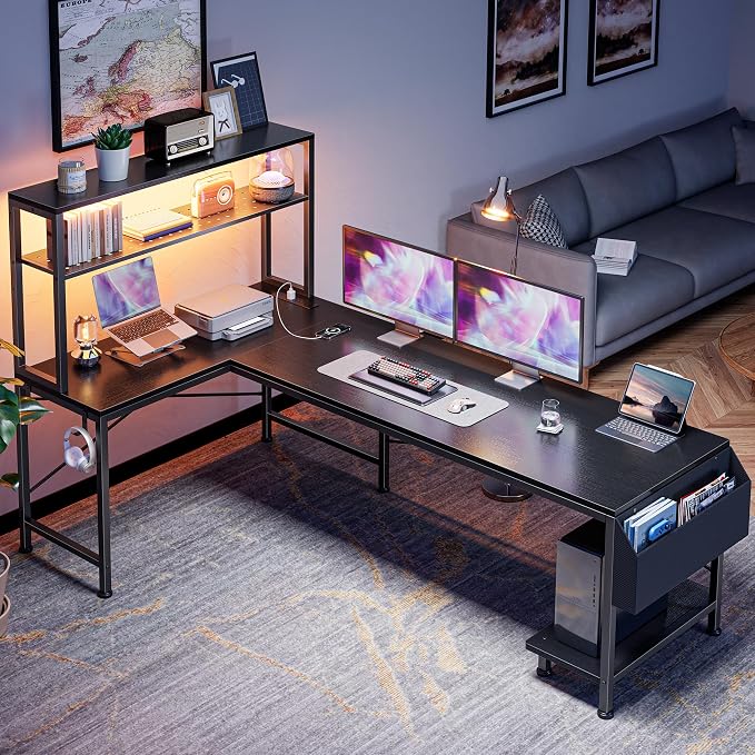PRAISUN L Shaped Gaming Desk with LED Lights & Power Outlets, Reversible Computer Desk with Storage Shelves & Bag, Large Corner Home Office Desk with Pegboard for Work from Home, Black