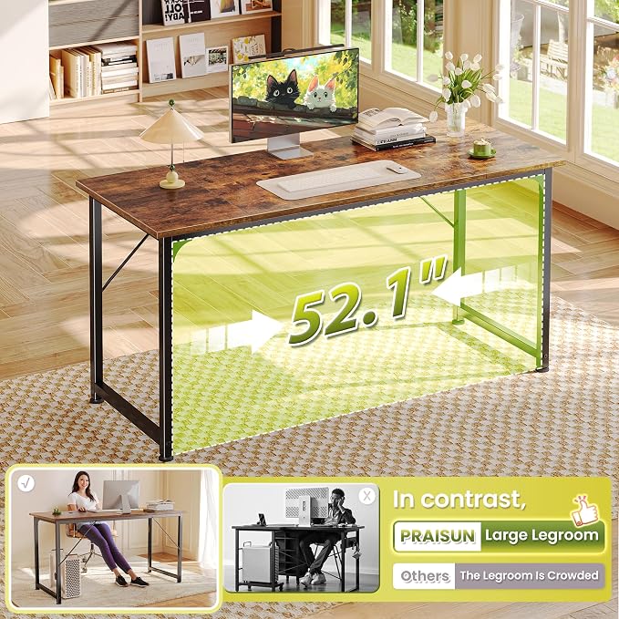 PRAISUN 55 Inch Computer Desk, Home Office Desk with Spacious Desktop, Rustic Brown