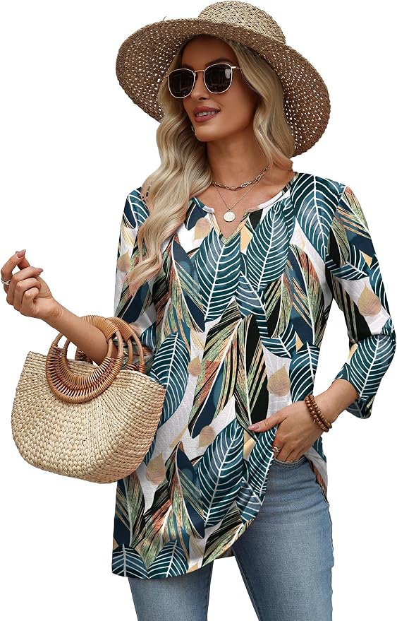 OFEEFAN Summer Boho Tops For Women 3/4 Length Sleeve Womens Tops Vacation Outfits