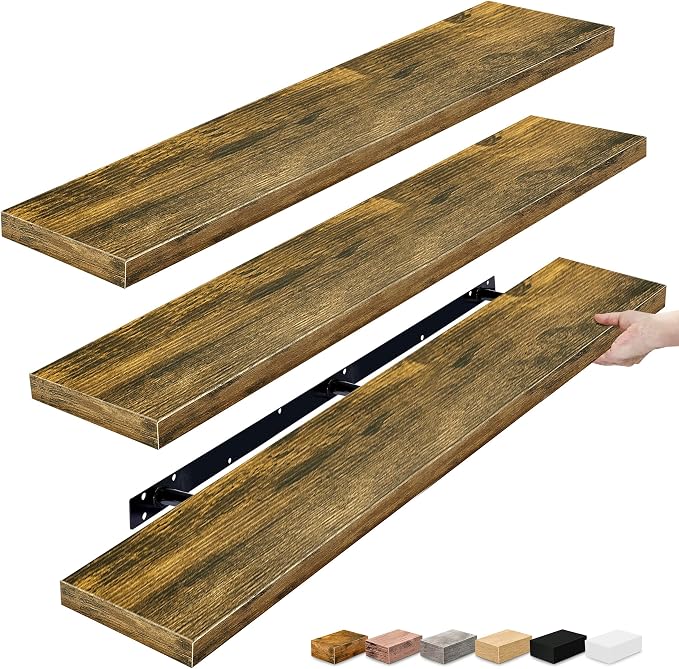 Sorbus Floating Shelves for Wall - 55 Inch Extra-Long Bathroom Shelves, Wall Decor for Bedroom, Kitchen, Living Room, Book Storage - Mounted Floating Shelf with Hidden Brackets (Rustic Brown, 3 Pack)