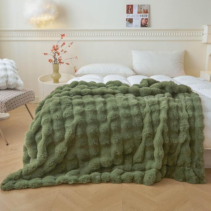 LIFEREVO Luxury Fluffy Faux Rabbit Fur Throw Blanket 50x60, Sage Green | Plush Bubble Blanket for Bedroom Living Room Office, Decorative Soft Moss Furry Lap Throw for Kids Teens Adults, Washable