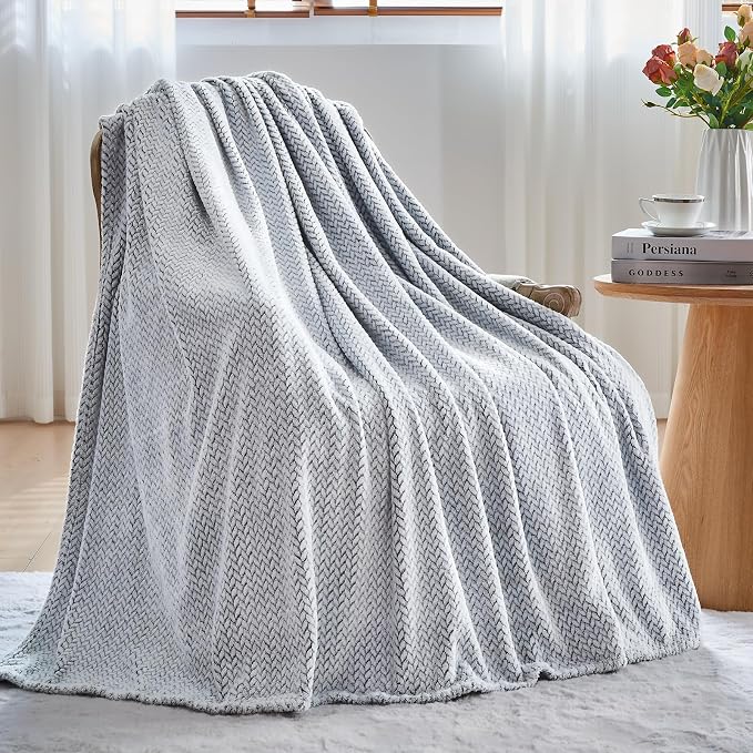 NEWCOSPLAY Fleece Leaves Pattern Throw Blanket, Frosty Dark Grey, 50"x60" | Super Soft Throw Blanket, Lightweight Cozy Bed Sofa Blanket, Premium Silky Flannel Fleece, Travel Blanket for All Season Use