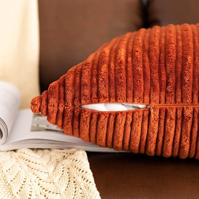 UGASA Fall 14x36 Inch Pillow Cover Pack of 1 Soft Boho Stripe Corduroy Large Long Rectangle Lumbar Cushion Case Farmhouse Decorative Throw Pilowcase for Bed, Couch, Sofa, Bedroom, Burnt Brick