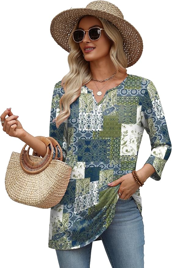 OFEEFAN Summer Boho Tops For Women 3/4 Length Sleeve Womens Tops Vacation Outfits