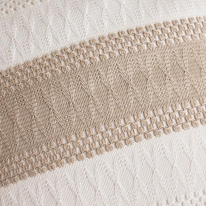 2pk Boho Pillow Covers 22x22, Natural White/Contrast/Taupe | 100% Organic Cotton Body, Stripe Embroidery, Farmhouse Decorative Cushion Covers for Sofa Bed Living Room Home Decor