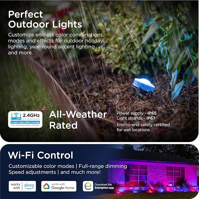 Enbrighten Vibe Eternity Garden Lights, 33ft, 8 RGBWIC LEDs, Waterproof, Uplights, Outdoor Landscape Lighting, Home Exterior Spotlight, Smart App, Works with Alexa, Google Home, 83789