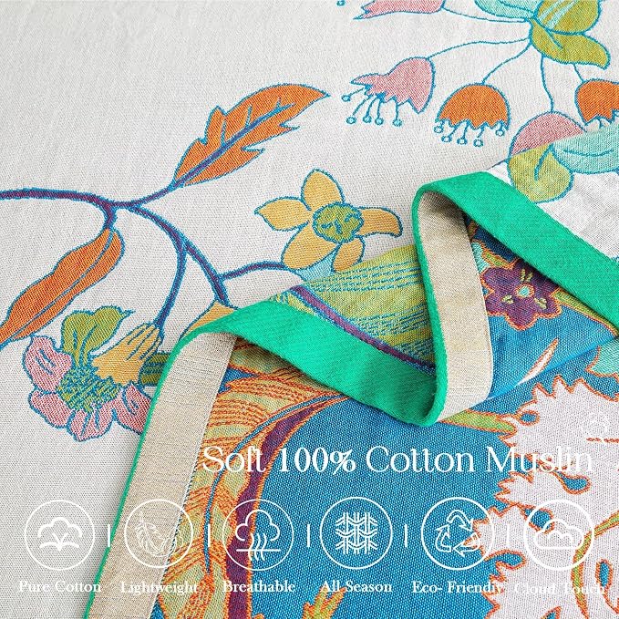 XIBLC Summer Throw Blanket, 90"x98" Reversible Bohemian Flower Blanket, 100% Cotton Muslin Breathable Woven, Farmhouse Decorative Throw Blanket