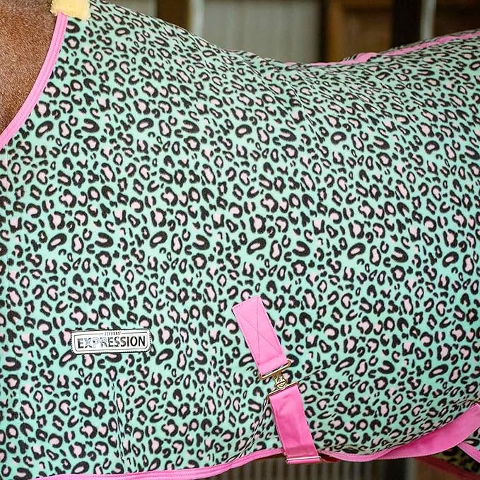 Jeffers Expression Fleece Cooler for Horses, Standard Neck, Party Cheetah 69"- Equine Towel Blanket, Moisture Absorbent, Light Weight, Best for Drying, Exercise, Bathing, Adjustable Belly Bands