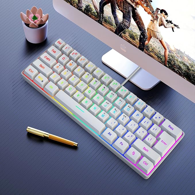 Snpurdiri 60% Wired Gaming Keyboard, 61 Keys RGB Backlit Wrist Rest Ultra-Compact Mini Waterproof Keyboard for PC Computer Gamer (White) | Backlit Ultra-Compact Mini Gaming Keyboard for PC Computer Gamer