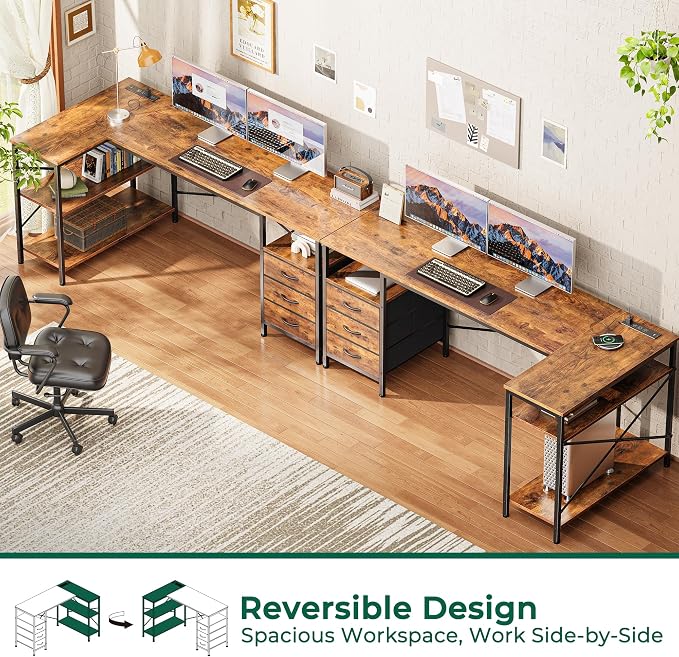 Huuger L Shaped Desk with Power Outlets, 63 Inch Reversible Computer Desk with 3 Drawers and Shelves, Home Office Table for Corner Work Study Writing Gaming, Rustic Brown