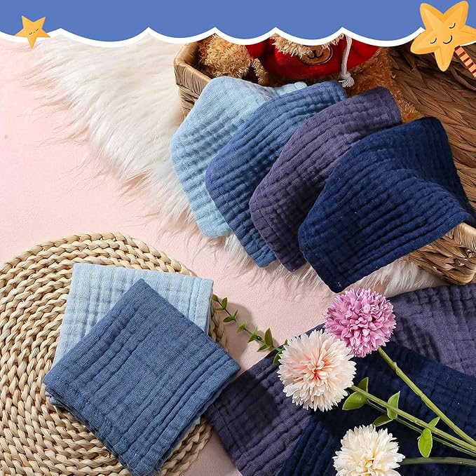 8 Pcs Baby Washcloths for Newborn 12 x 12 Inch Muslin Face Towels Cotton Absorbent for Delicate Skin Soft Muslin Cloth Reusable Baby Registry as Shower Gift, 4 Colors (Dark Blue)