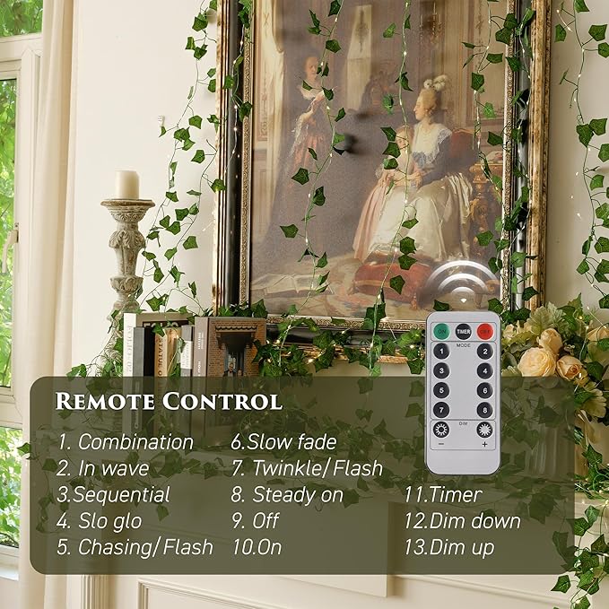Indoor String Lights, 33ft Artificial Vine with 100 LED Fairy Lights, Battery Operated, Remote Control, 8 Lighting Modes, Green Leaf Decor