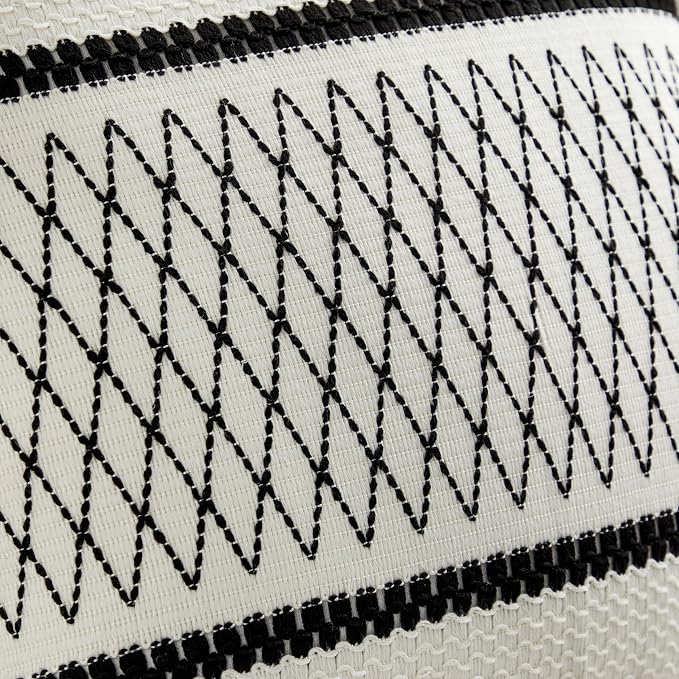2pk Boho Pillow Covers 18x18, Natural White/Grid/Black | 100% Organic Cotton Body, Stripe Embroidery, Farmhouse Decorative Cushion Covers for Sofa Bed Living Room Home Decor