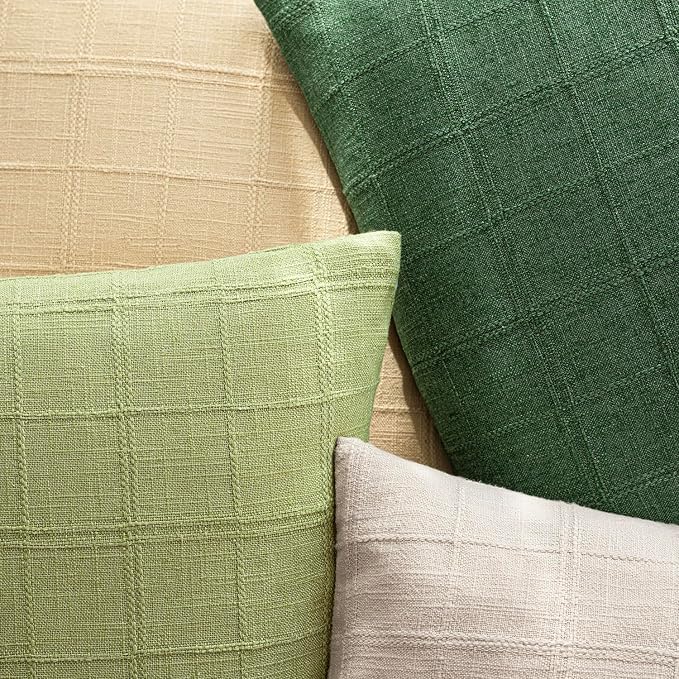 Foindtower Set of 2 Decorative Linen Check Throw Pillow Covers Neutral Farmhouse Lumbar Cushion Covers Modern Boho Accent Home Decor for Sofa Chair Couch Bedroom Living Room,12×20 Inch,Forest Green
