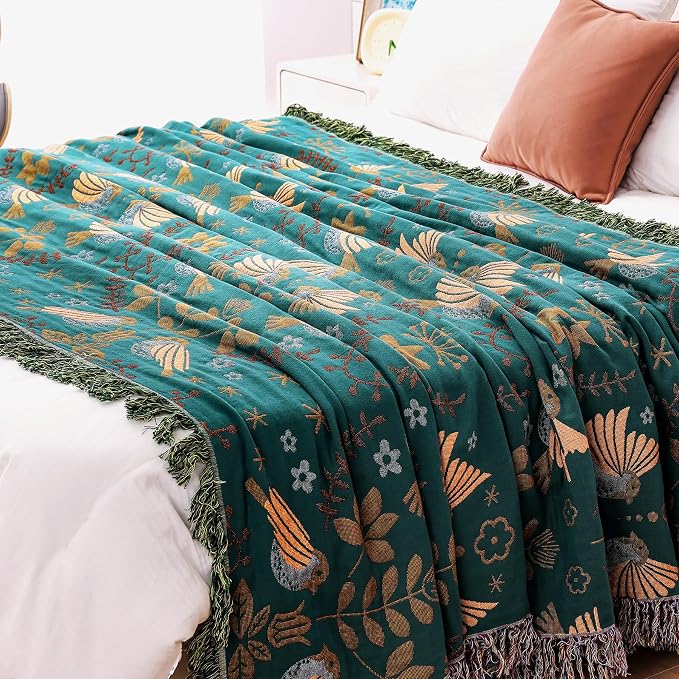 VANJOROY Boho Sofa Bed Large Throw Blanket, Ultra Soft Luxury King Throw Quilt, 100% Organic Cotton Reversible Bohemian Throw for Couch Chair Bedspread and Gift, 91" x 98"-Teal