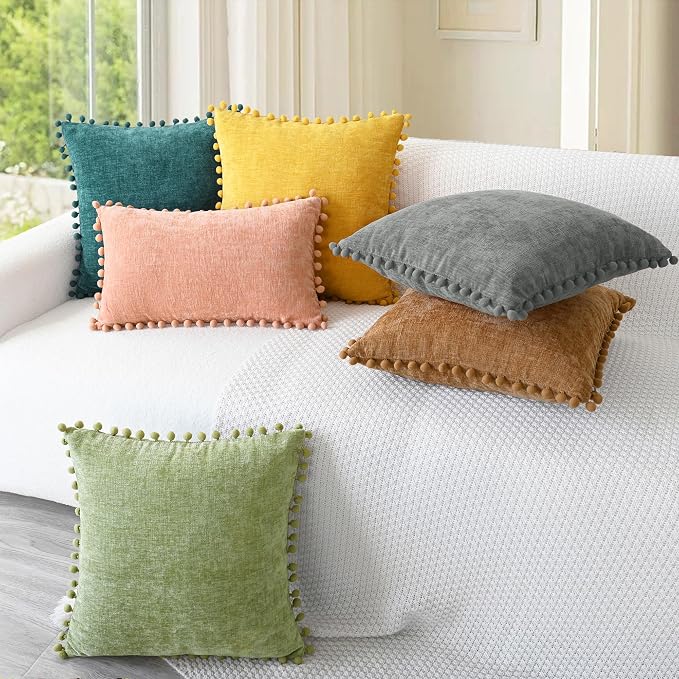 CaliTime Decorative Couch Throw Pillow Covers 18 X 18 Inches Teal | Pack of 2, Cozy Chenille Cushion Cases, with Pom Poms for Sofa Bed Living Room Farmhouse Home