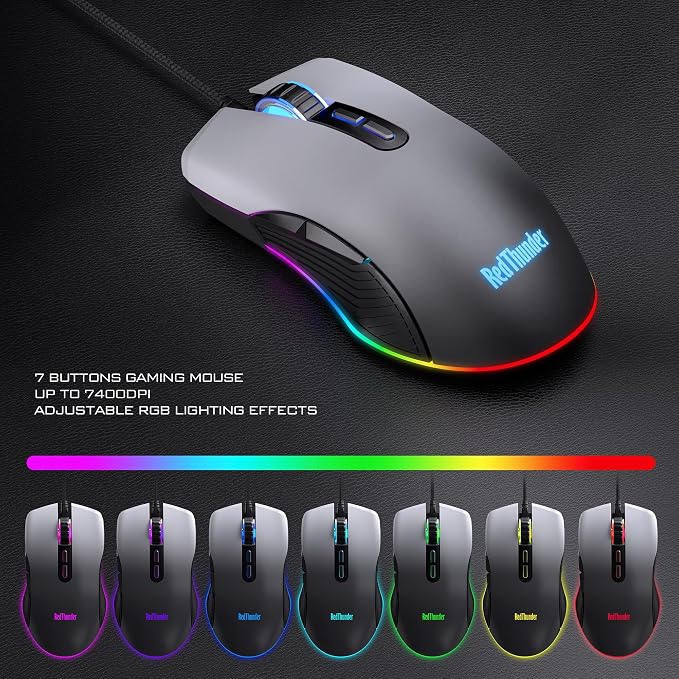 RedThunder K10 Wired Gaming Keyboard, Mouse Wrist Rest Combo, RGB Backlit, Mechanical Feel Anti-ghosting Keyboard + 7D 7200 DPI Mice+Soft Leather Wrist Rest 3 in 1 PC Gamer Accessories(Gradient Gray)